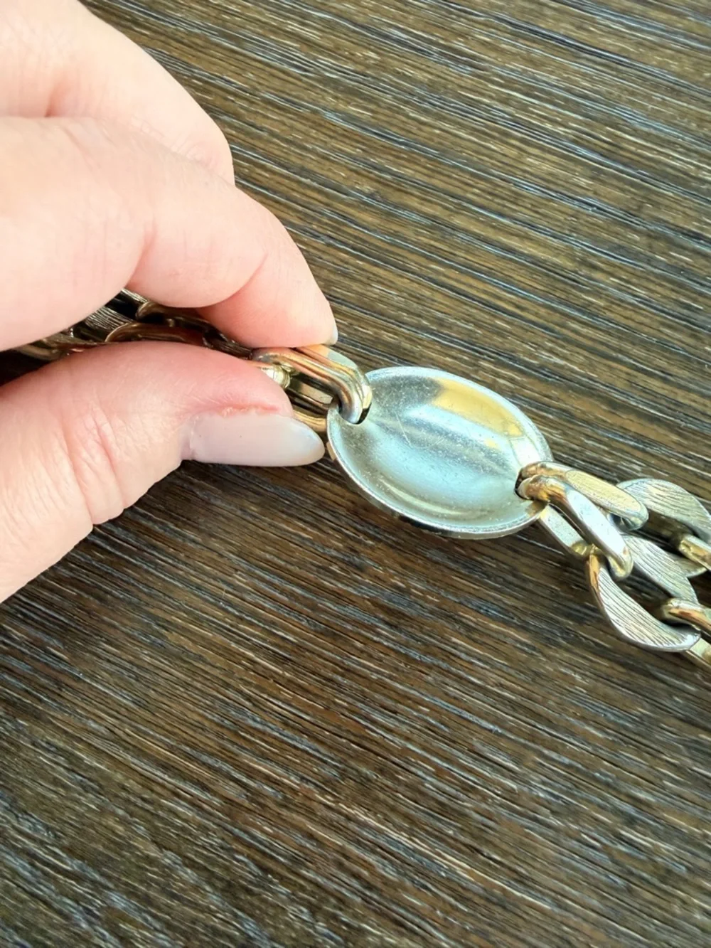Vintage metal hip belt, chain, filligree detail, gold tone, hook closure, 35.5